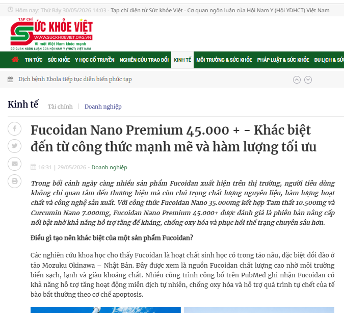 Tạp chí Sức Khoẻ Việt phân tích về sản phẩm Fucoidan Nano Premium 45.000+